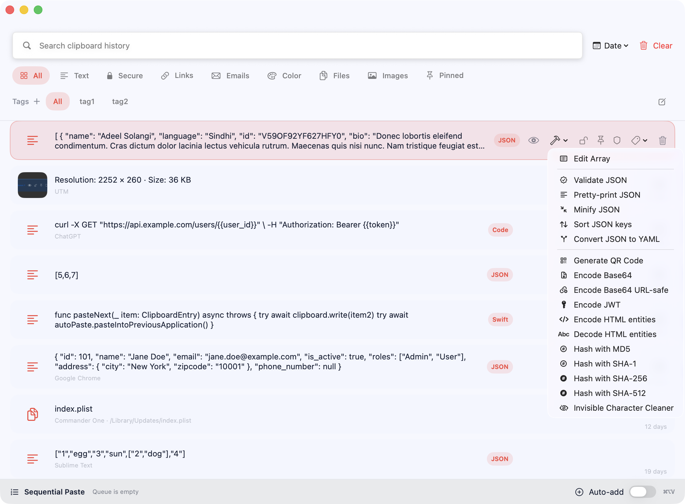 Menu narzędzi deweloperskich Pastilo z przekształceniami JSON i lokalnymi narzędziami