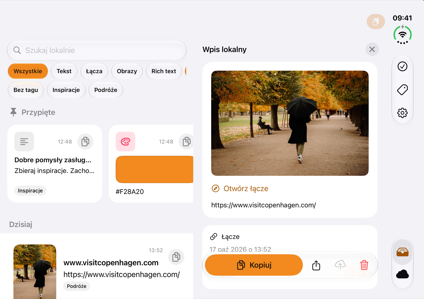 Pastilo na rozłożonym iPhonie Duo: historia schowka obok łącza do visitcopenhagen.com z obrazem podglądu i przyciskiem Kopiuj