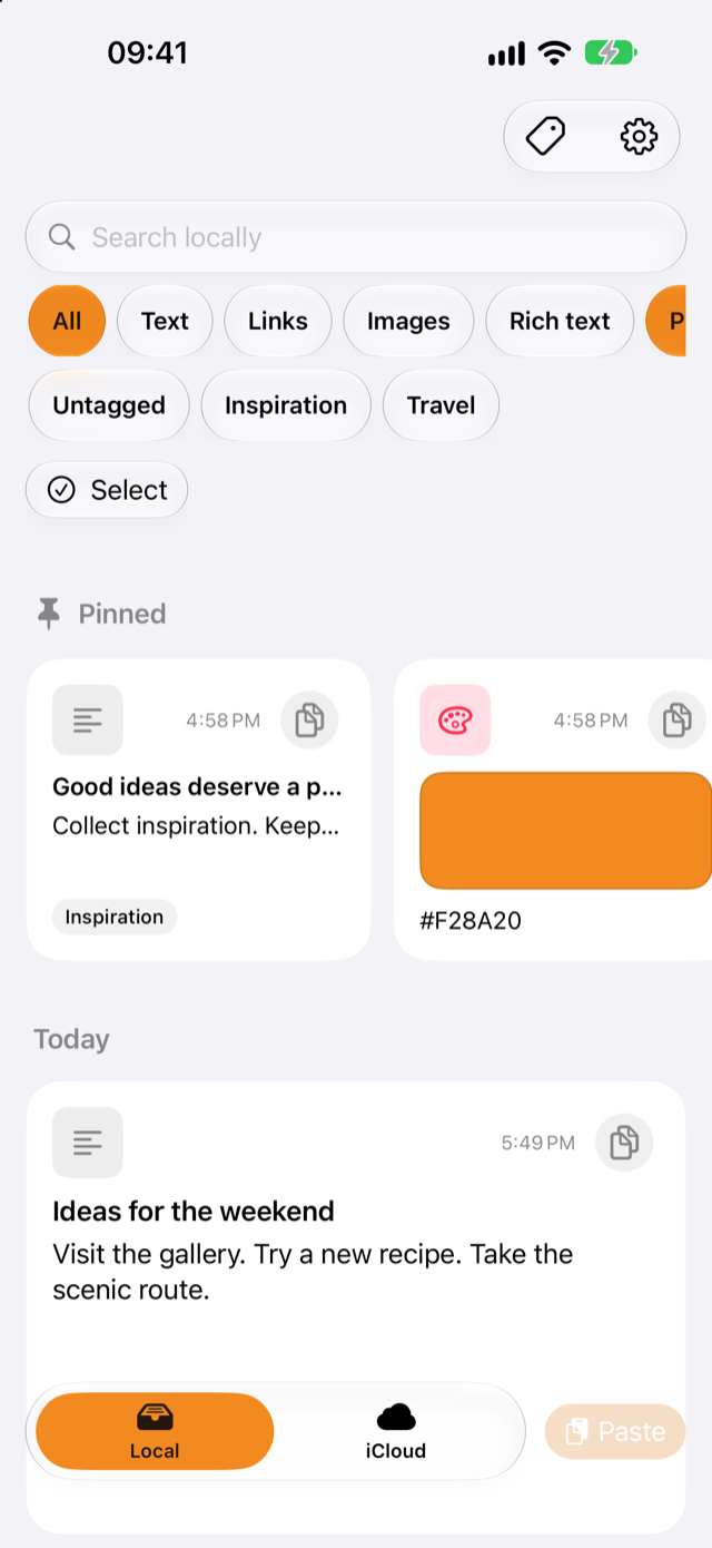 Pastilo on iPhone: search, filters, pinned entries and today's history
