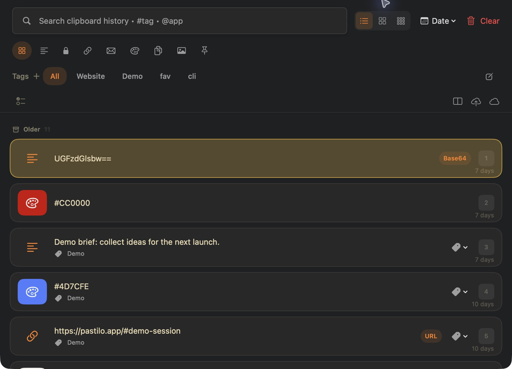 Pastilo clipboard history in the Gruvbox theme, dark appearance