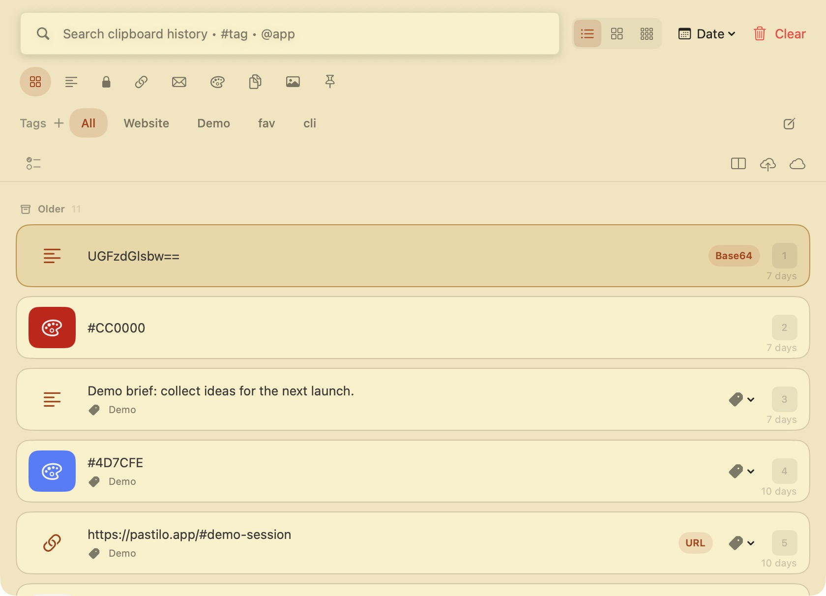 Pastilo clipboard history in the Gruvbox theme, light appearance
